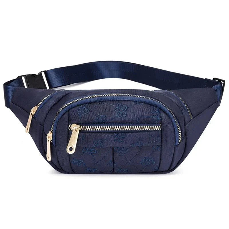 Women’s Nylon Waist Bag – Plaid Design - Drak Blue
